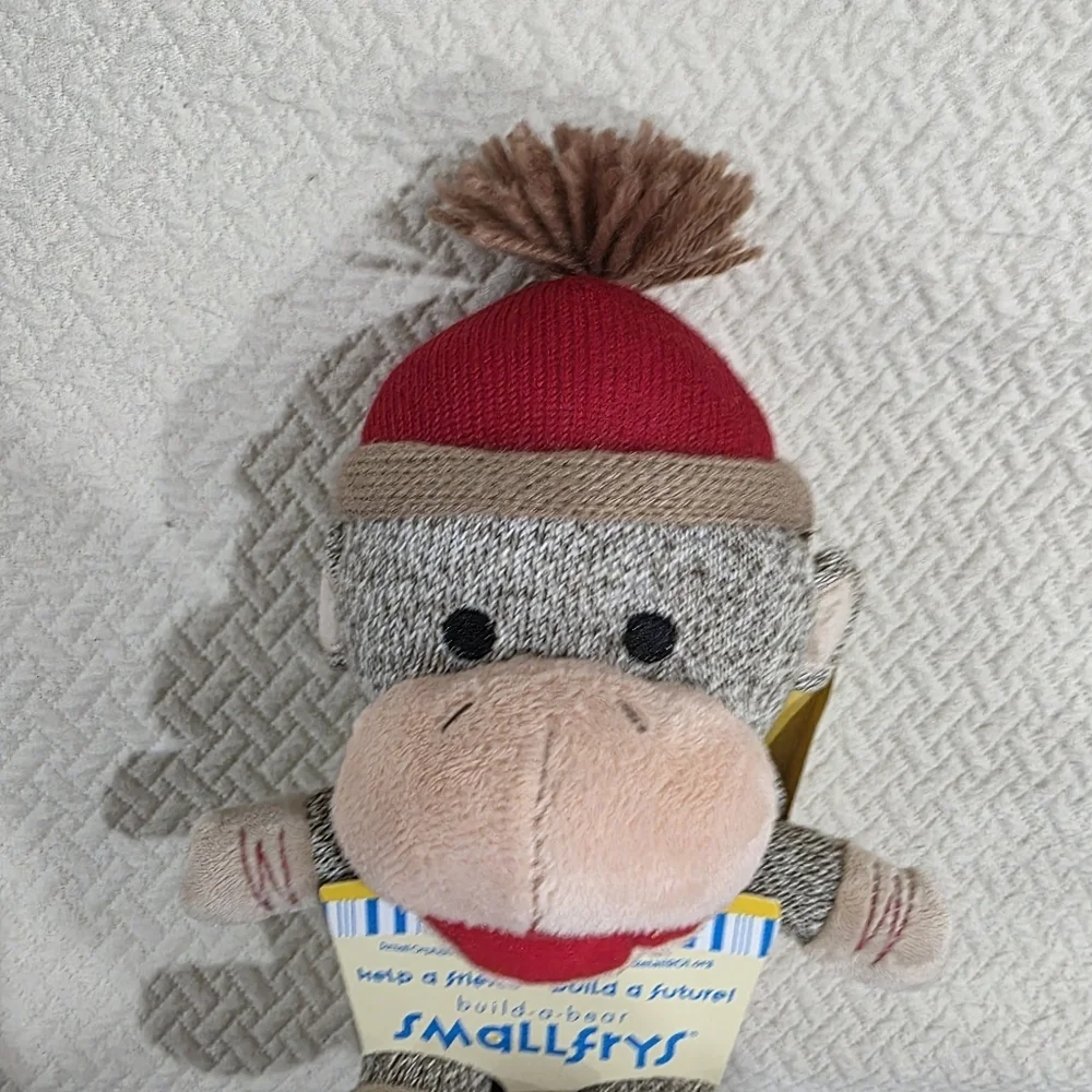 Build-A-Bear Smallfrys Sock Monkey Plush With Red Knit Hat Pompom Beanie Retired